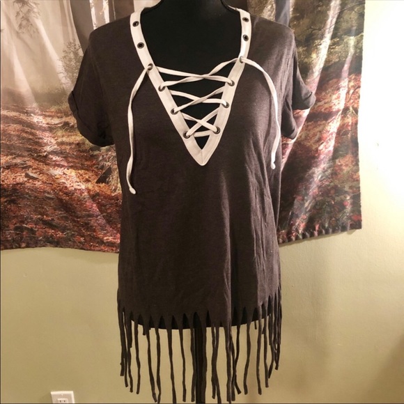 Charcoal grey lace up tee shirt with fringe - Picture 2 of 7